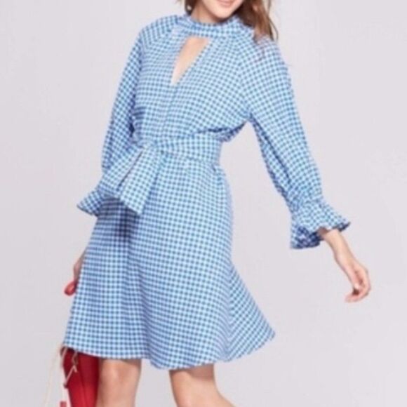 Who What Wear Blue Checkered Gingham High Neck Long Ruffle Sleeve Dress - Picture 1 of 15